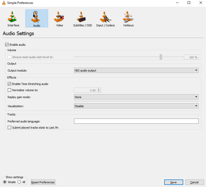 Image showing simple audio preferences for NDI output