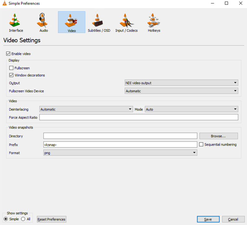Image showing simple preferences for video settings to output NDI