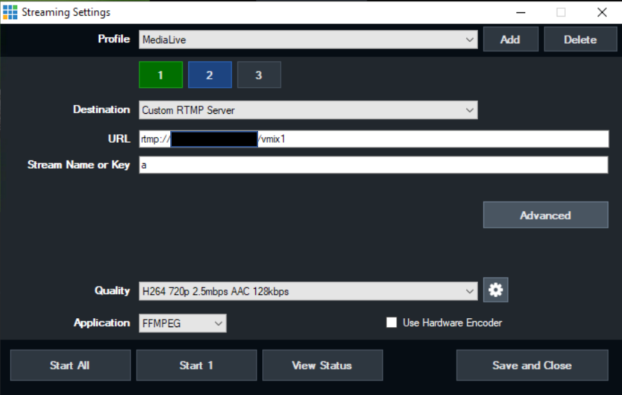 Image configuring RTMP output to CloudFront web distribution in vMix for live stream