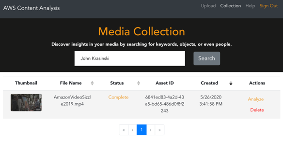 Image showing the AWS Content Analysis window, and the Media Collection search banner