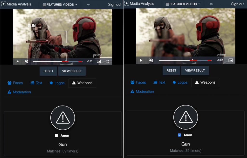 Example of redaction where a gun is identified and then blurred based on parameters defined in MIE