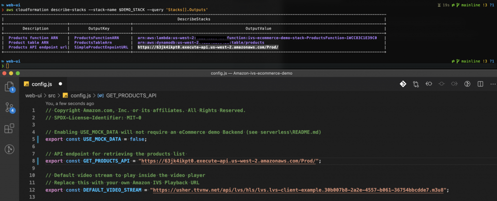 Command Line Interface demonstrating AWS CLI CloudFormation desicribe stacks command and Visual Studio Code editor with "get product variables" variable updated.