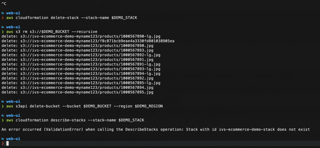 Command Line Interface demonstrating the AWS CLI command for Cloud Formation "Delete Stack". Command Line Interface demonstrating the S3 API command to "remove" files. Command Line Interface demonstrating the S3 API command to "Delete Bucket". Command Line Interface demonstrating the AWS CLI command for Cloud Formation "Describe Stacks"