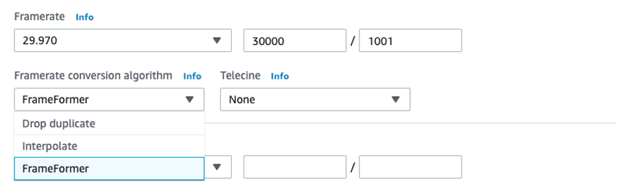 Screenshot of InSync Frame Former dropdown in the MediaConvert console