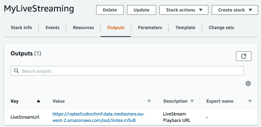 Outputs tab of the deployed CloudFormation template