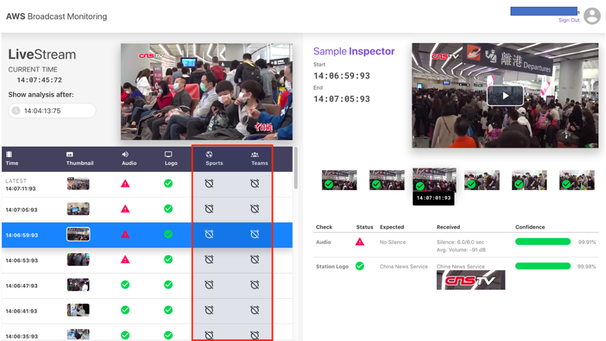 Web application view where audio is not detected and sports monitoring is disabled (media credit: news video clip originally from the China News Service shared under the CC BY 3.0 License) 