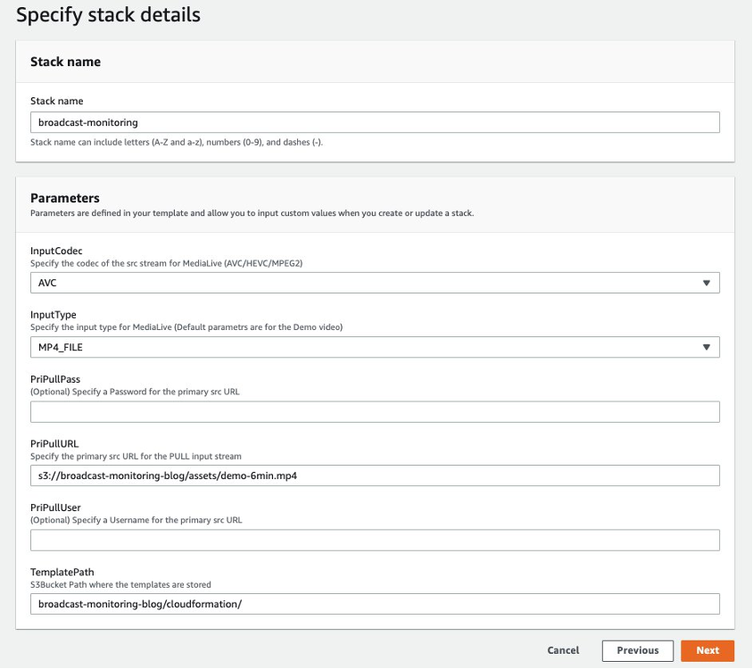 Video ingestion and processing pipeline CloudFormation stack parameters