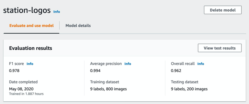 Training and validation results from an object detection custom labels training job 
