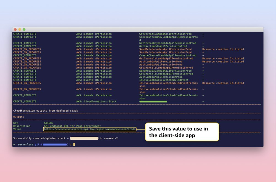 Console output of the sam deploy command