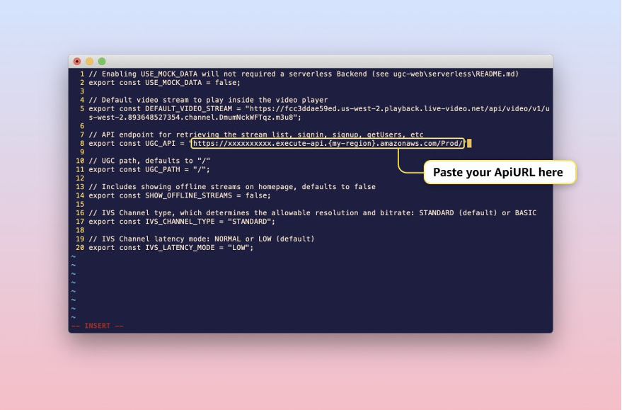 Text editor with the ApiURL on line 8 highlighted
