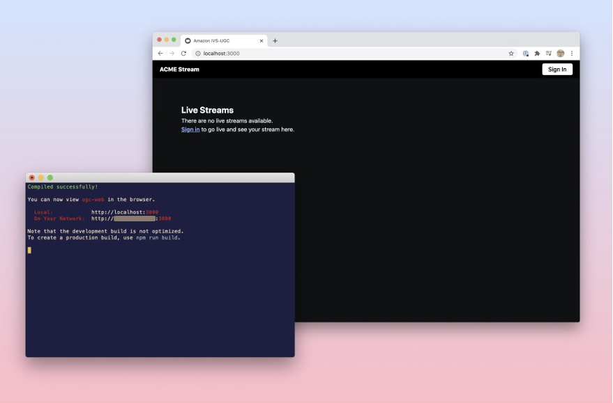 Foreground: terminal window with server running. Background: screenshot of the demo app running in a browser