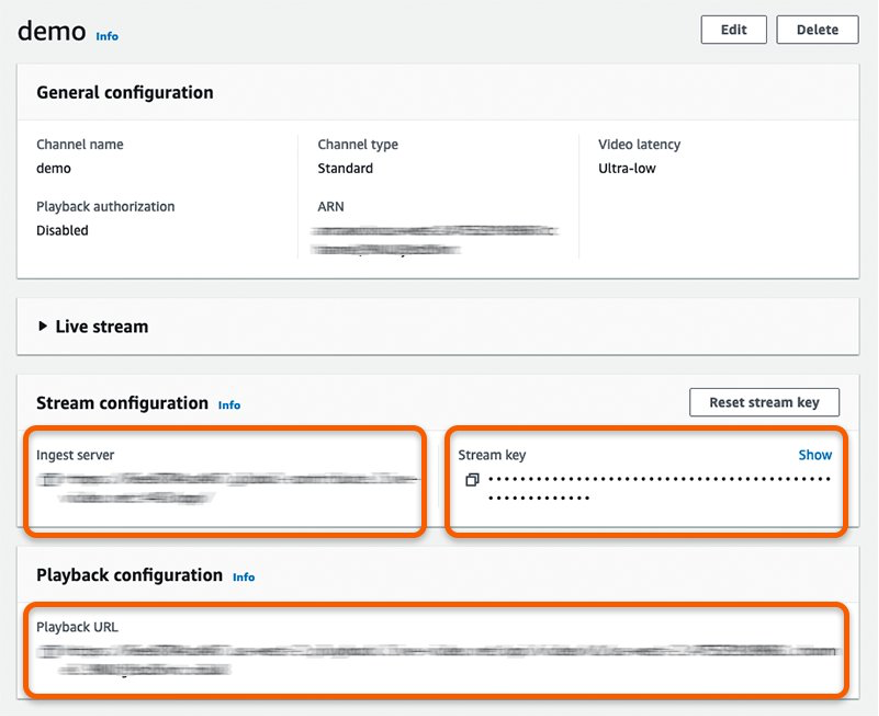 Screenshot of channel details page with Ingest server URL, Stream 