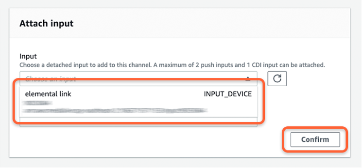 Screenshot of Attach input box with elemental link device as dropdown menu item in MediaLive channel creation page.