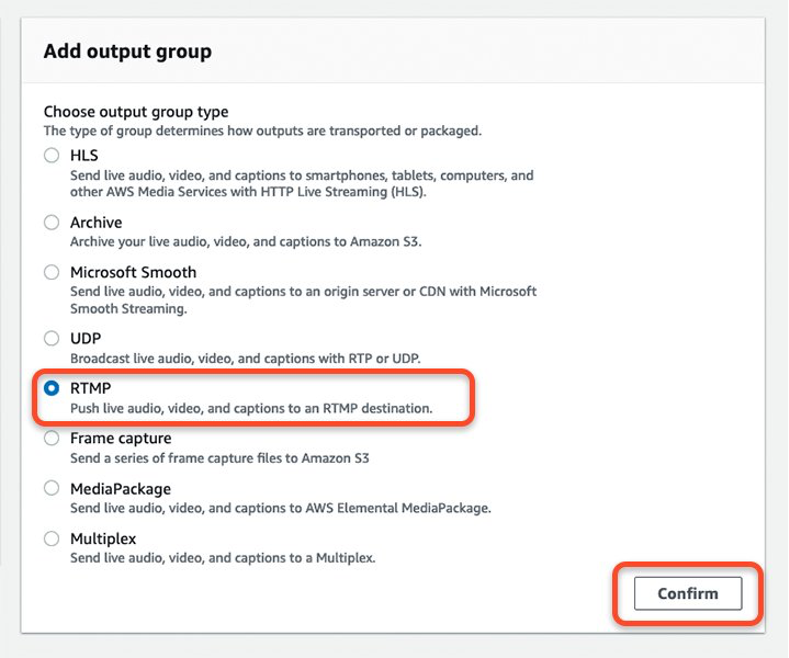 Screenshot of Add output group box with RTMP as an option in 