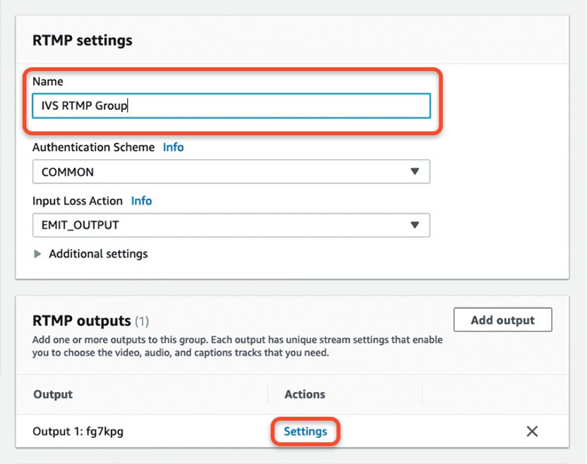 Screenshot of RTMP output group settings box in MediaLive channel creation page with RTMP output settings link at the bottom