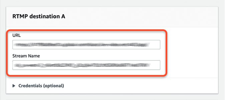 Screenshot of RTMO destination A box in RTMP outputs settings page with text box for URL and Stream Name in RTMP output settings page