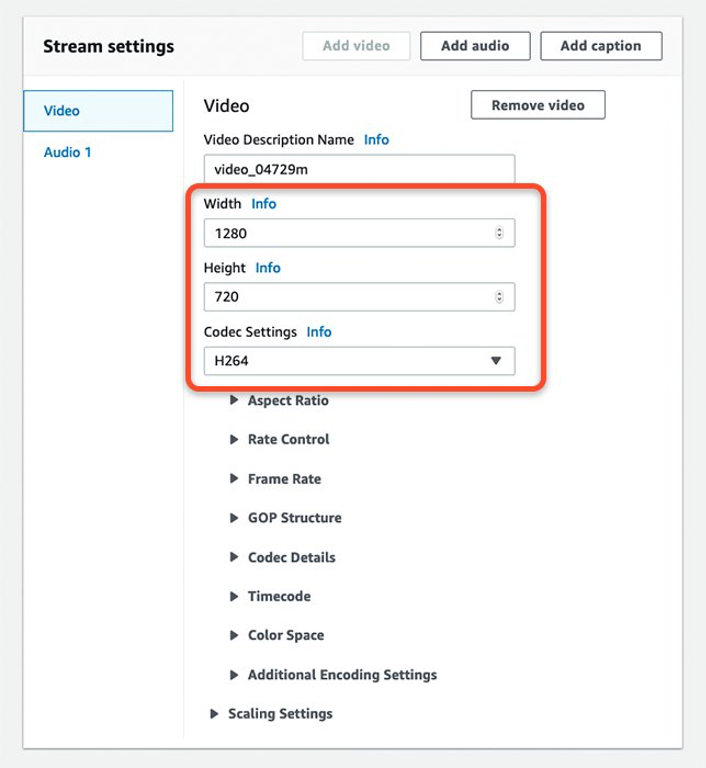 Screenshot of video tab in stream settings box with width, height and codec settings text box in RTMP outputs settings page