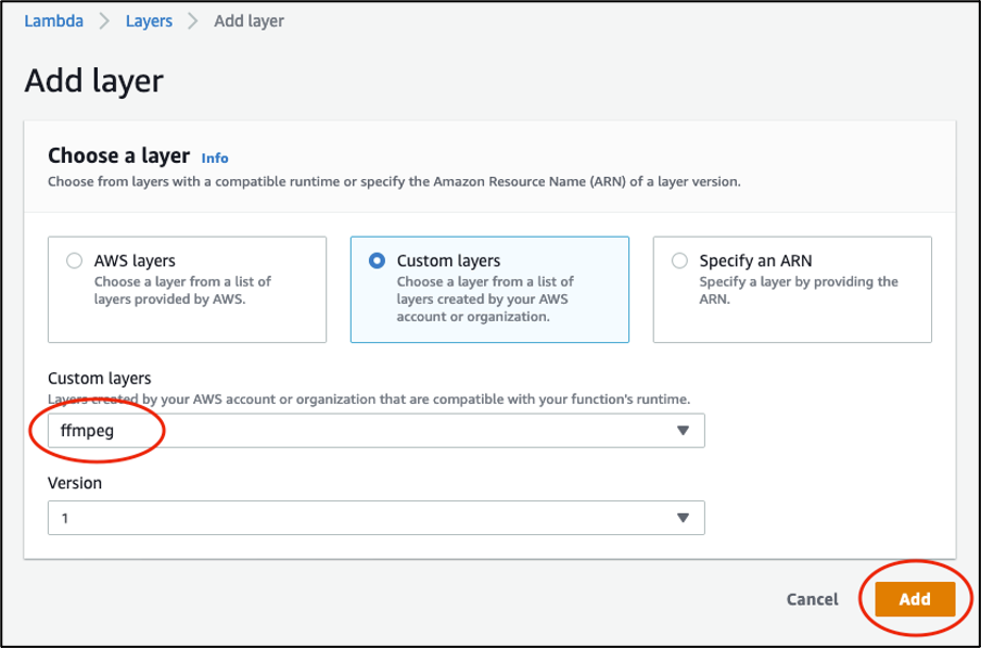 Adding FFmpeg layer to the Lambda function in the console: select Custom layers.&nbsp; Select “ffmpeg” from the drop-down list under Custom layers and the Version, then choose Add.