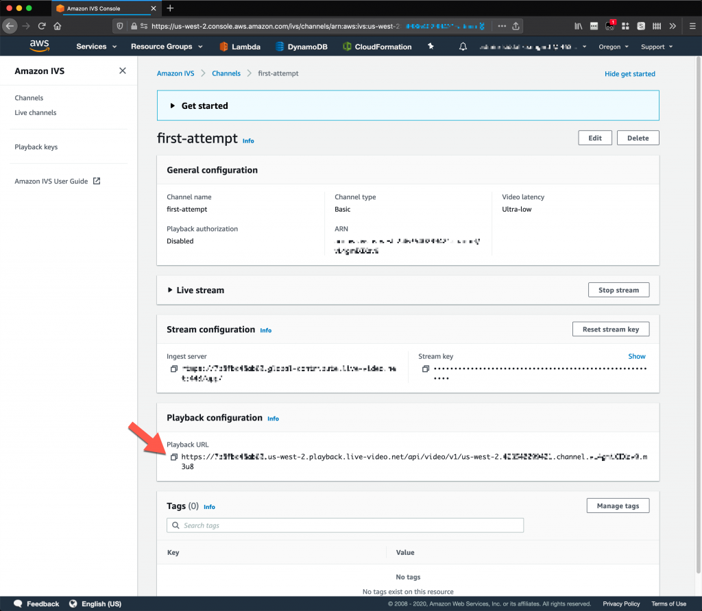 Amazon IVS Console referencing a Channel’s Playback URL