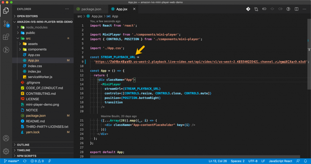 Code editor with the STREAM_PLAYBACK_URL variable highlighted