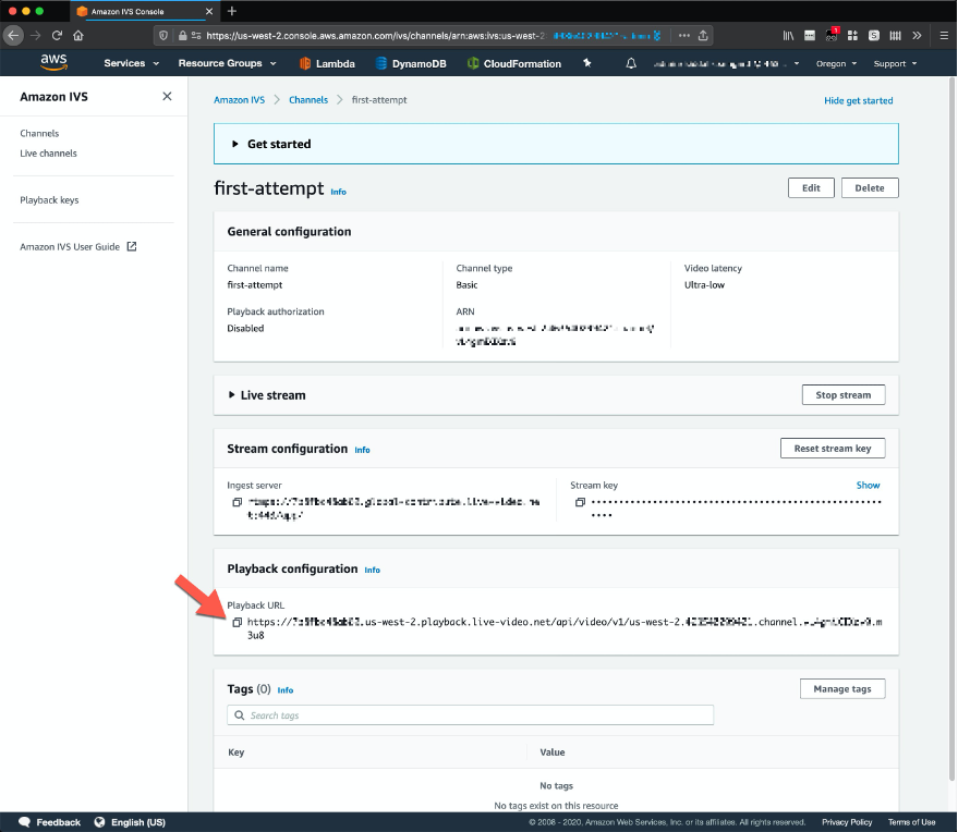 Amazon IVS Console referencing a Channel’s Playback URL 