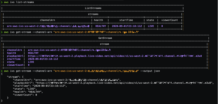 Command Line Interface showing the results of the AWS CLI list-streams and get-stream for IVS 
