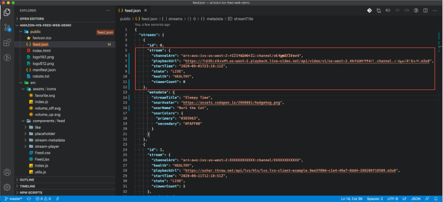 Code editor displaying a JSON document and highlighting the stream variable