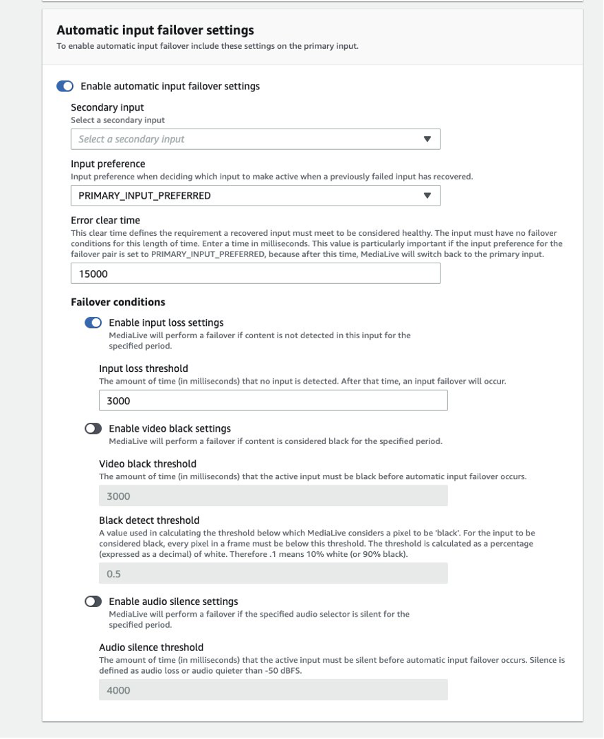 A screenshot of the Automatic Input Failover Settings in MediaLive.