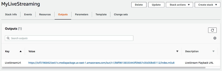 Outputs tab of the deployed CloudFormation template