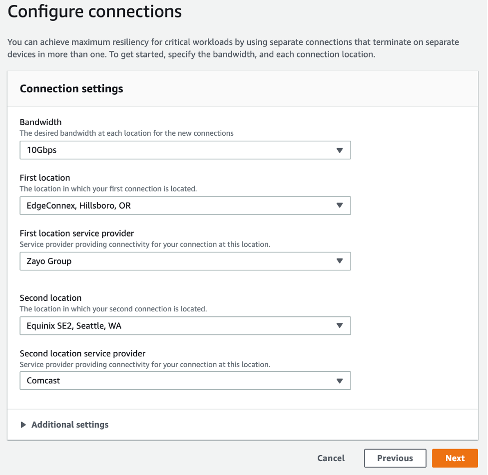 Configuring the Direct Connect order connection settings