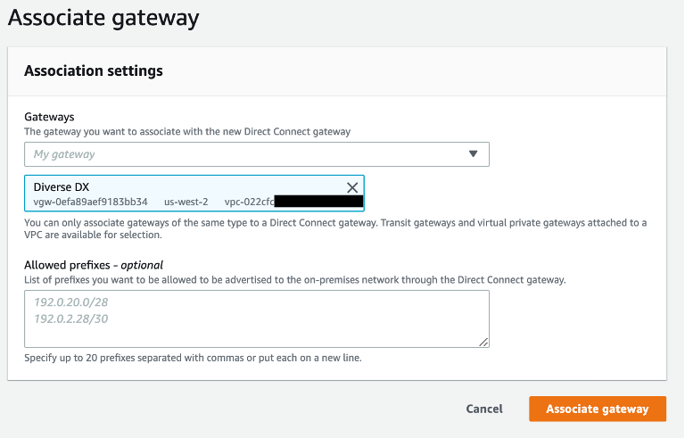 Associating the Direct Connect gateway with the VGW