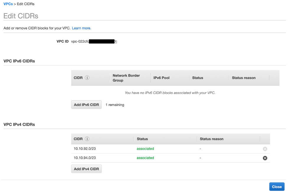 Adding an additional CIDR Block