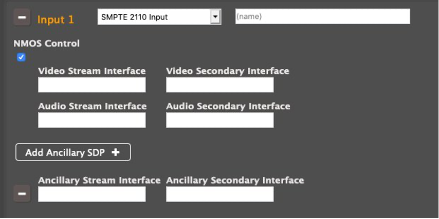 UI of Elemental Live SMPTE-2110 input with NMOS Control box checked