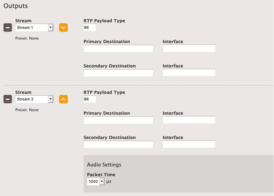 UI of Elemental Live SMPTE-2110 output group feautring primary and secondary destination fields.