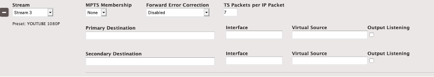 UI of Elemental Live UDP/TS output group showing primary and secondary output destinations.