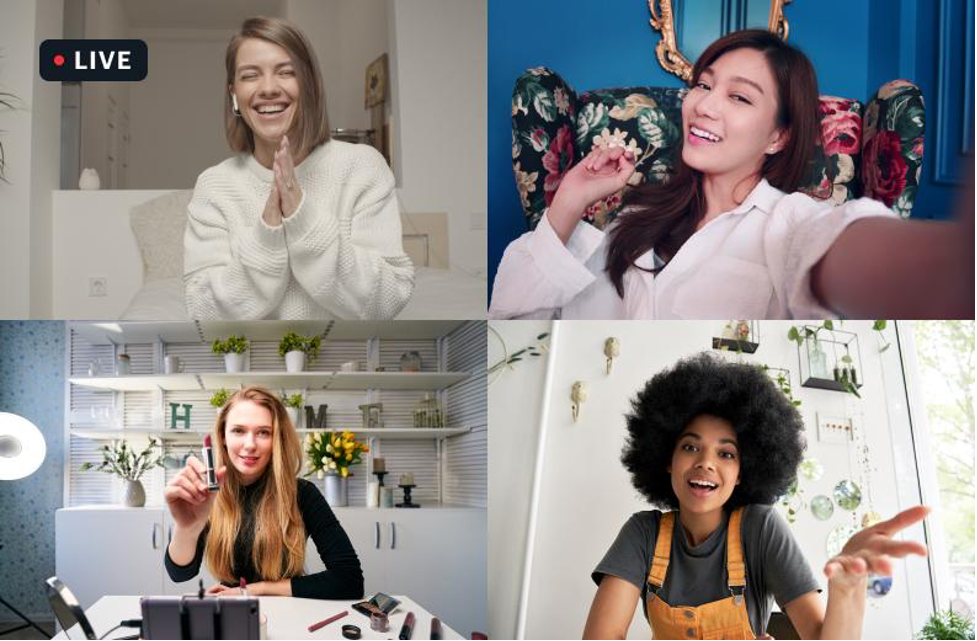 A live stream of four video call participants discussing a beauty product