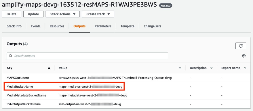 Within the resMAPS stack, the Outputs tab has detailed output from the stack including the Media Bucket Name which we need to configure to MAPS user interface.