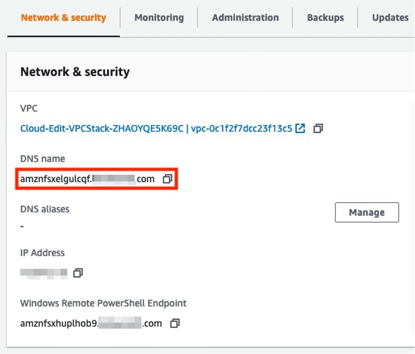 In the Amazon FSX console, in the network and security tab. We need to retrieve the DNS name for the file share.