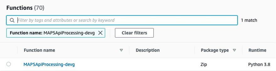 In the AWS Lambda console, we search for the MAPS API Processing function.