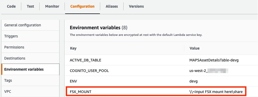 In the Lambda function configuration tab, we edit the FSX Mount environment variable.