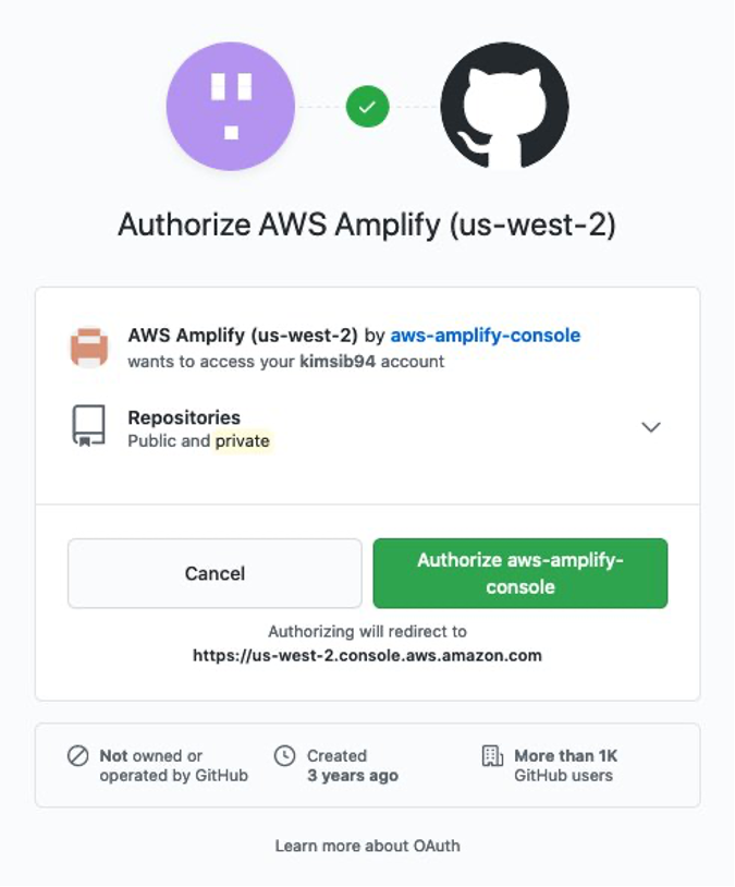 In order to connect AWS Amplify and GitHub, you must authorization the Amplify console.