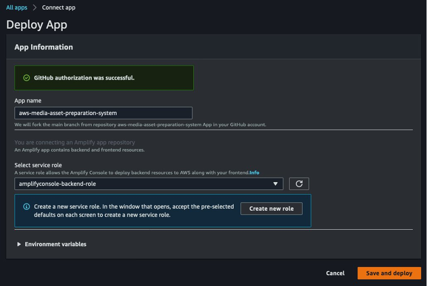 In the Amplify console, you provide a name for the deployment and a role so Amplify can deploy resources on your behalf.