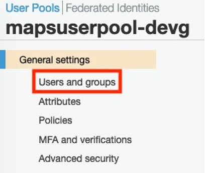 In the Cognito User Pool, select Users and Groups from the General Settings side bar.