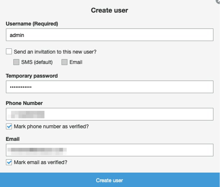 When you create a user in Cognito, you need to specify a username and temporary password for the new user.
