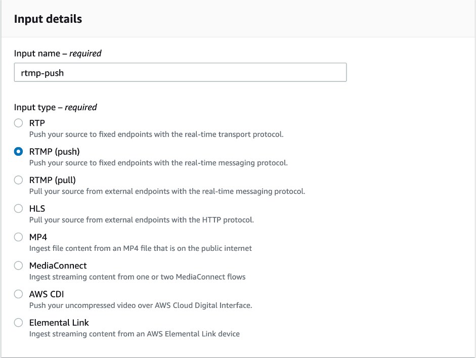 RTMP Push MediaLive Input