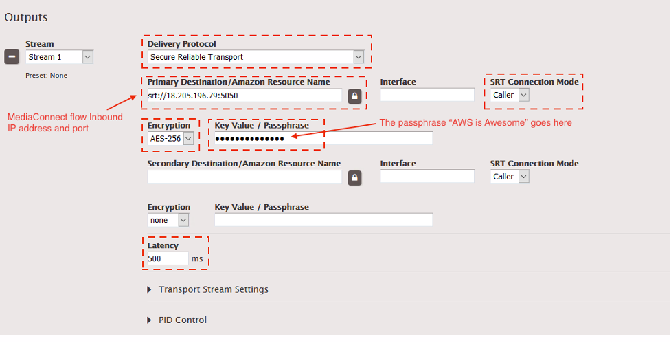 Live SRT caller output configuration