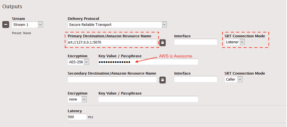 AWS Elemental Live web interface, configuration of SRT output in listener mode