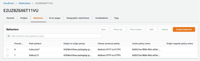 View of CloudFront behaviors created