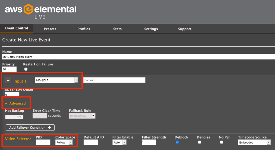 Elemental Encoder: Create an Event; Input