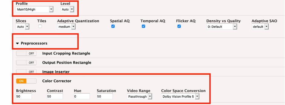 Elemental Encoder: Create an Event; Dolby Vision Settings